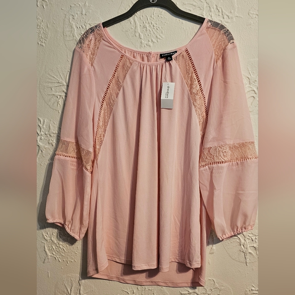 NWT Women's Top XL Sheer With Lace Pink